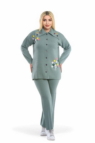 NEWCO Buttoned Double Knitwear Set with Flower Embroidery Detail (Shirt - Pants)
