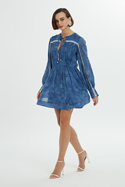 4G GIZIA Dantel Aksesuarlı Mavi Kısa Elbise