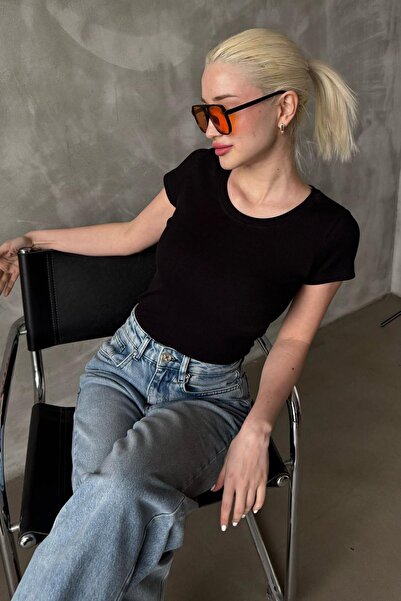 Madmext Black Wide Collar Fitted Basic Women's T-Shirt Mg2293