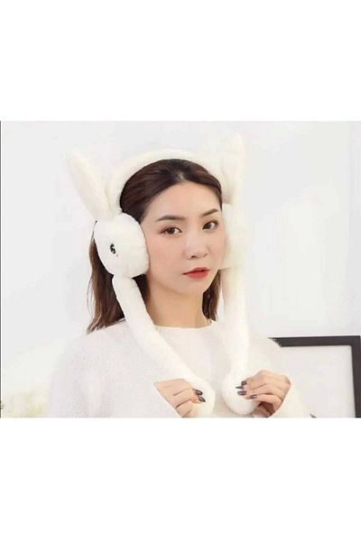 Kudi Cream Plush Rabbit Movable Headphones with Movable Ears