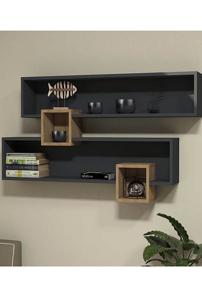 HOMS Wall shelf, Caracas Homs, anthracite grey/walnut, 75 x 120 x 22 cm, Chipboard