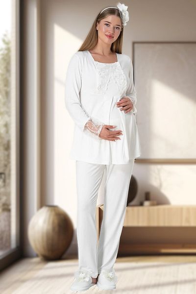 Pelin Women's Ecru Plush Maternity Maternity Dressing Gown 3-Piece Pajama Set