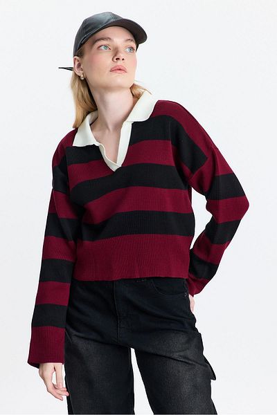 Rays 24379 Pulover cu dungi cu gât polo roșu Claret