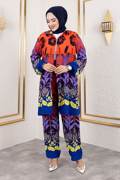 Tesettür Dünyası Orange Viscose Suit - Colorful Floral Pattern Tsd 250111