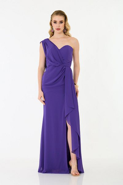 Carmen Purple Chiffon One Shoulder Slit Long Evening Dress