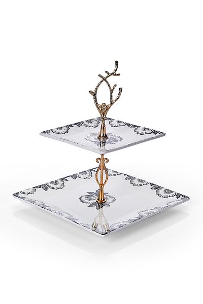 Piatti Naturali Double Layer Ceramic Black Rose Pattern Cookie Dish Snack Two Layer Presentation Plate Serving Set Catering