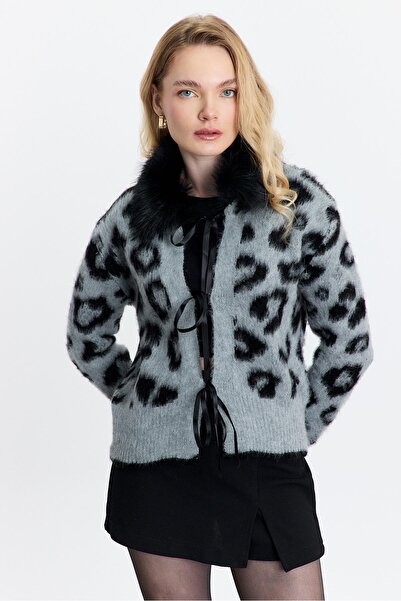 Rays 22289 Gray Leopard Print Fur Cardigan