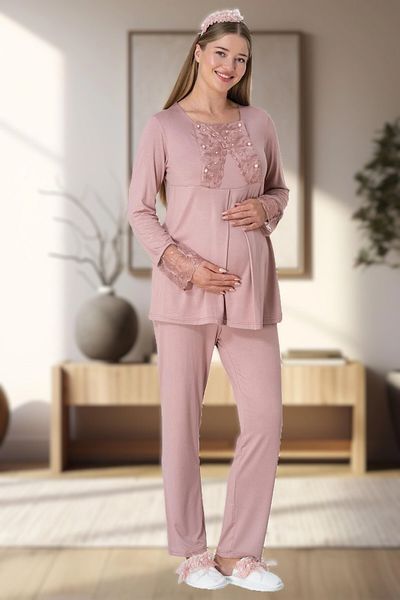 Pelin Women's Dusty Rose Plush Maternity Pajama Set of 3 with Dressing Gown