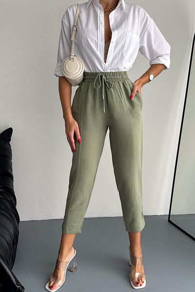 İstangül Butik Pantaloni din in cu talie elastică cu detaliu morcov