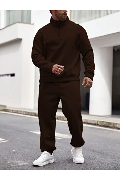 YAKAMEL Set de trening oversize pentru bărbați, cu jumătate de fermoar și gul...