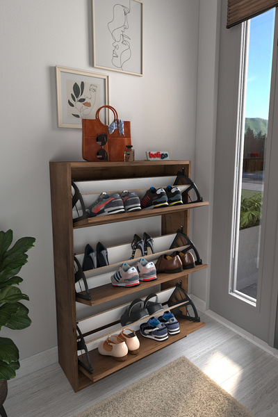 Bofigo خزانة أحذية بثلاثة أبواب قابلة للطي، ورف منزلق وأدراج قابلة للسحب، خزانة أحذية من 3 طبقات من Lidya