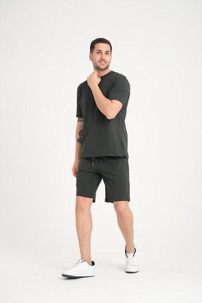 Valiberta Pine Green Double Sleeve Slit Cotton T-shirt and Shorts Set