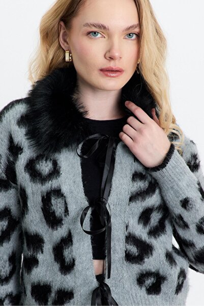 Rays 22289 Gray Leopard Print Fur Cardigan