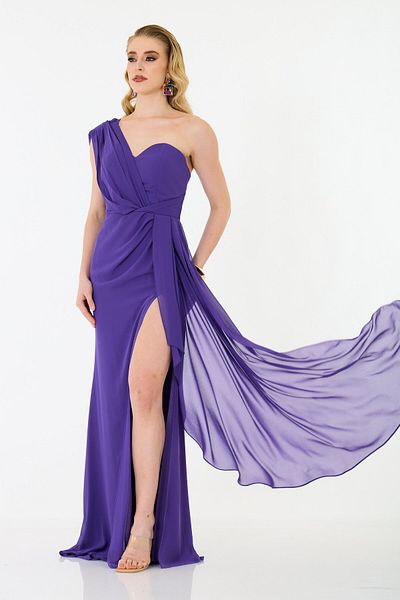 Carmen Purple Chiffon One Shoulder Slit Long Evening Dress