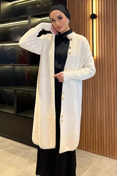 Safgiyim44 Cream Women's Plush Soft 3 Thread Double Buttoned Hijab Cardigan