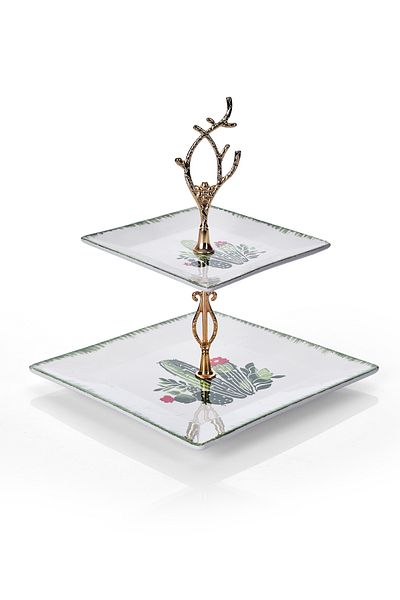 Piatti Naturali Double Layer Ceramic Cactus Pattern Cookie Dish Snack Two Layer Presentation Plate Serving Set Catering