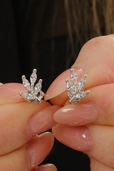 jingle bells Mekik Taşlı Minimal Yaprak Küpe 925 Ayar Gümüş Rodyum Kadın Küpe