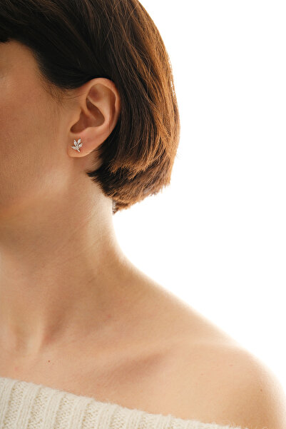 jingle bells Mekik Taşlı Minimal Yaprak Küpe 925 Ayar Gümüş Rodyum Kadın Küpe