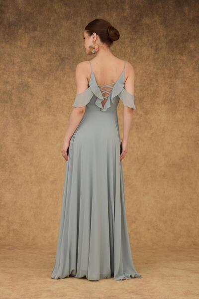 Carmen Çağla Şifon Göğsü Volanlı Uzun Abiye Elbise