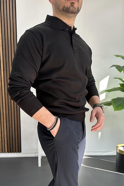 Edwox Ανδρικό πουλόβερ Polo Neck - Κουμπί, Μαύρο, Edw231