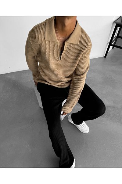 elkumoda Natural Cotton Zip-Up Oversize Polo Neck Knitwear Sweater - Stylish and Comfortable