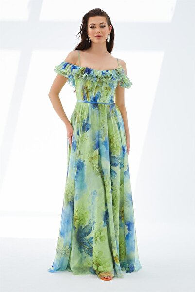 Carmen Pistáciově zelené dlouhé večerní šaty s potiskem na zádech