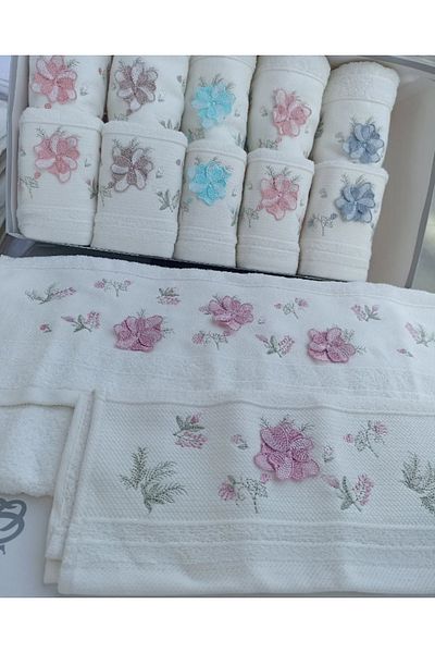 Fiesta Home Fiesta Κεντημένο Mother and Daughter 50x90 (6 τεμάχια) 30x50 (6 τεμάχια) Σετ πετσετών από βαμβακερή κρέμα