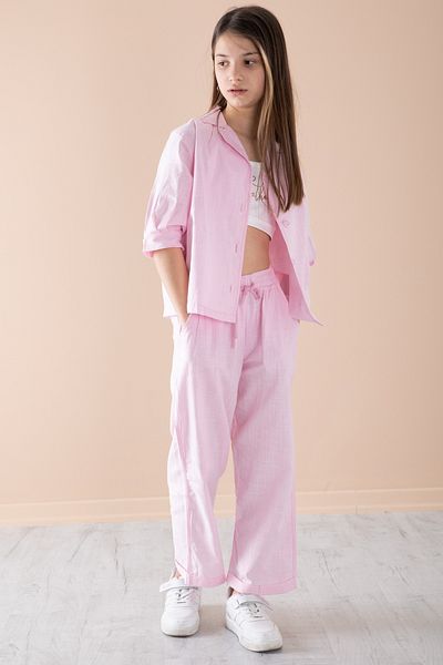 Cansın Mini Pink Half Sleeve Girl's 3 Piece Cropped Suit 20325