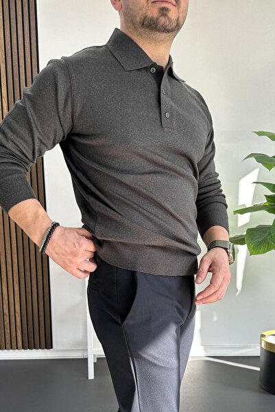 Edwox Anthracite Men's Polo Neck Sweater - Buttoned, Edw231