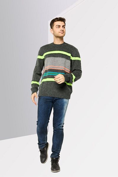 Diesel Men Crew Neck Stripe Sweater, Grey Combo
