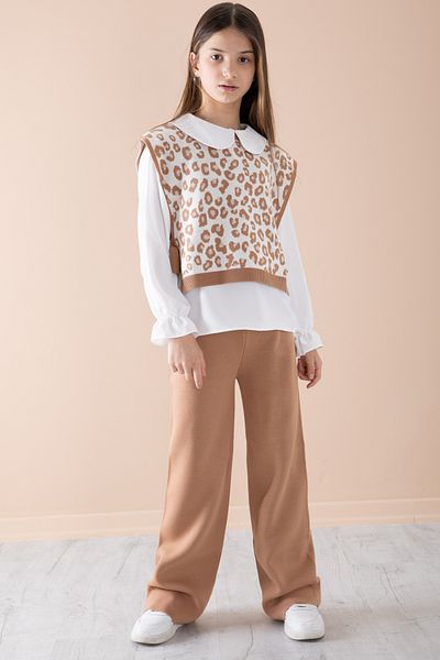 Cansın Mini Cream Sweater Shirt Girl's Knitwear Trousers 3 Piece Set 20344