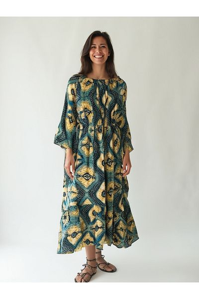AYASOFYA OTANTIK Women's Green Yellow Colored Elastic Yesterday Round Madonna Collar Ethnic Print Oversize Loose Long Dress