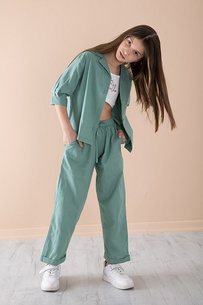 Cansın Mini Green Half Sleeve Girl's 3-Piece Cropled Suit 20327