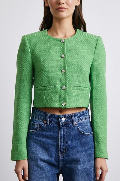 Never more Buttoned Tweed Jacket with Pocket Detail Pistachio Green