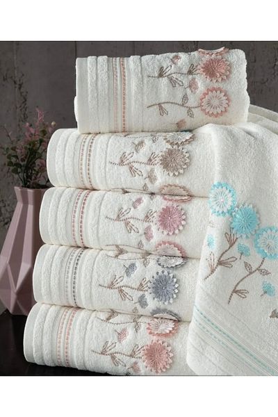 Fiesta Home Fiesta Κεντημένο Mother and Daughter 50x90 (6 τεμάχια) 30x50 (6 τεμάχια) Σετ πετσετών από βαμβακερή κρέμα