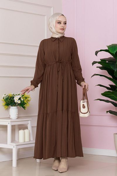 Sevitli Brown Sare Dress - Shirt Collar and Waist Tunnel