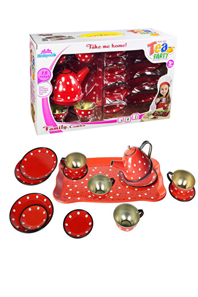 hediyecik Red Metal Teapot Toy Set - 15 Pieces Stainless