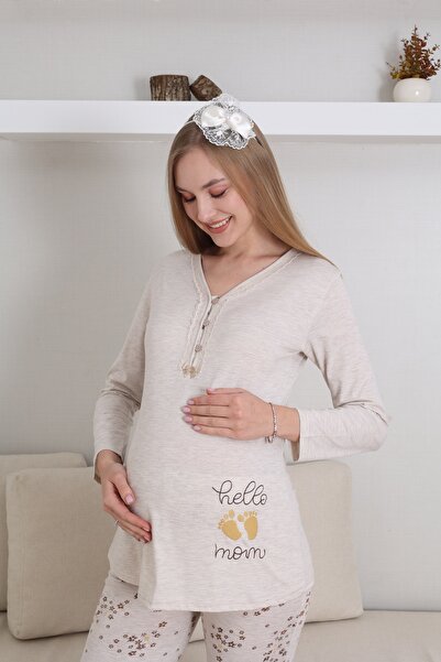 ERDENİZ TEKSTİL Button Collar, Long Sleeve, Cotton Maternity- Pregnant Women's Pajamas Set
