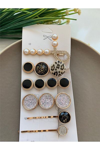 Pelin Aksesuar Set de 6 catarame cu model leopard negru