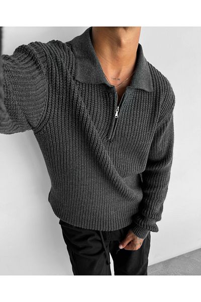 elkumoda Natural Cotton Zip-Up Oversize Polo Neck Knitwear Sweater - Stylish and Comfortable
