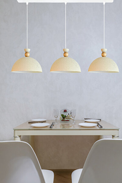 Bamyum Üçlü Yimpi Dokulu Açık Krem  Avize Sarkıt Salon Kuaför Cafe Dekoratif Aydınlatma Pastane