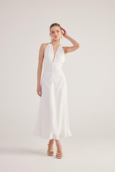 HOLLY LOLLY White Long Singa Dress - Halter Neck