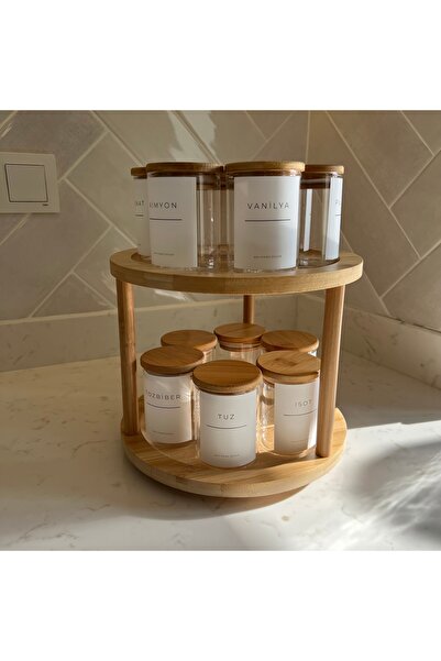 Sade Hediye طقم بهارات مكون من 12 قطعة مع حامل دوار زجاجي بغطاء من الخيزران