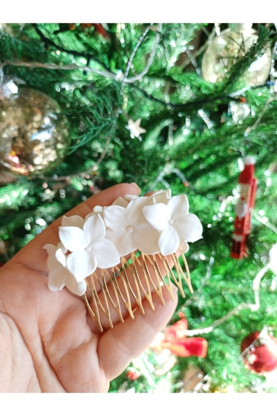 CREATİVESHOP Beyaz Ortanca Çiçekli Tarak Toka, Helen Gelin Saçı, Gelin Saç Ak...