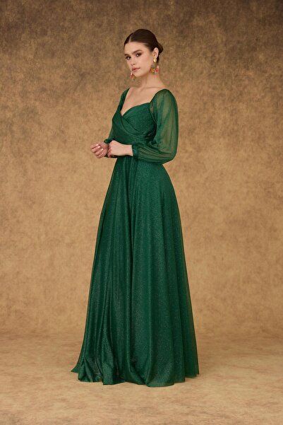 Carmen Smaragd csillogó gallér hosszú ujjú eljegyzés