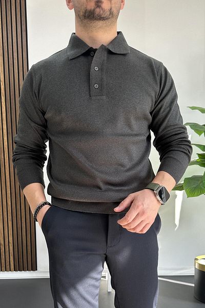 Edwox Anthracite Men's Polo Neck Sweater - Buttoned, Edw231