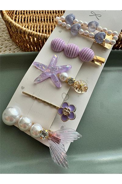 Pelin Aksesuar Σετ 5 Πόρπες Λιλά Fishtail Heart Star