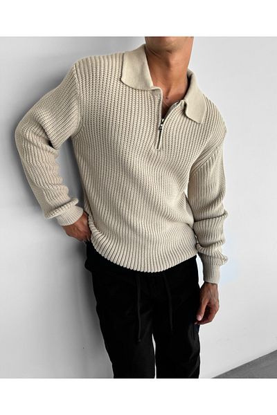 elkumoda Natural Cotton Zip-Up Oversize Polo Neck Knitwear Sweater - Stylish and Comfortable