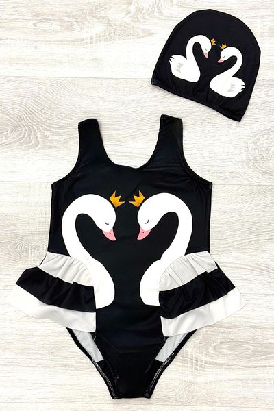 My Kids Wear Costum de baie elegant pentru fetiță, cu model de lebădă, cu trei straturi, cu volane