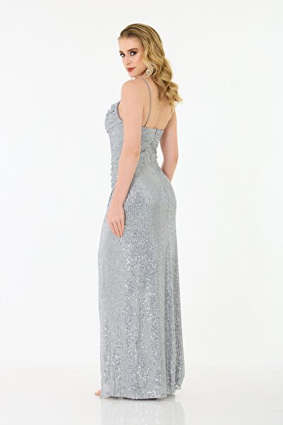 Carmen Gümüş Askılı Yırtmaçlı Payetli Abiye Elbise